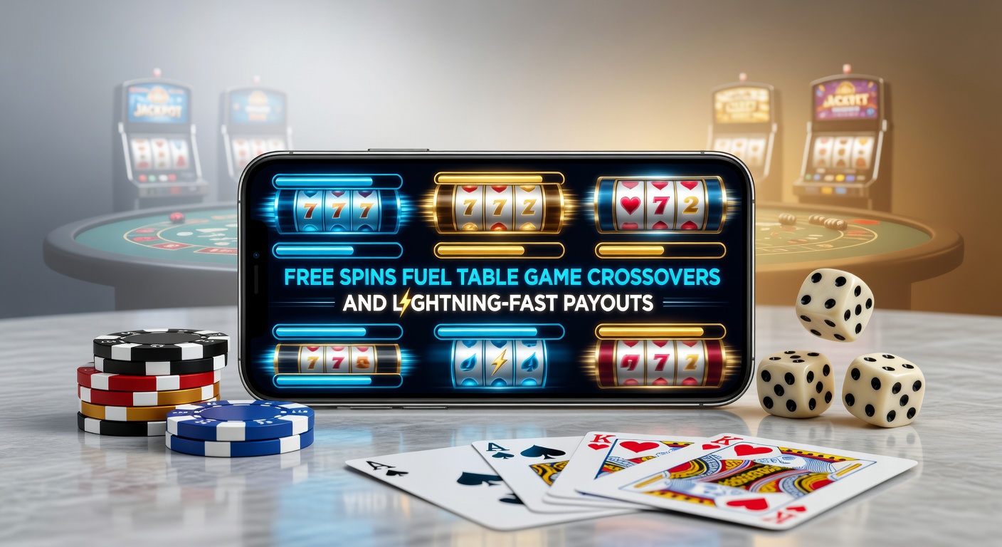 Dynamisches Grafik-Element mit Blitz-Auszahlungs-Symbol, Jackpot-Zähler und Free-Spins-Icons, die in ein Tischspiel-Roulette übergehen, auf einem mobilen Display