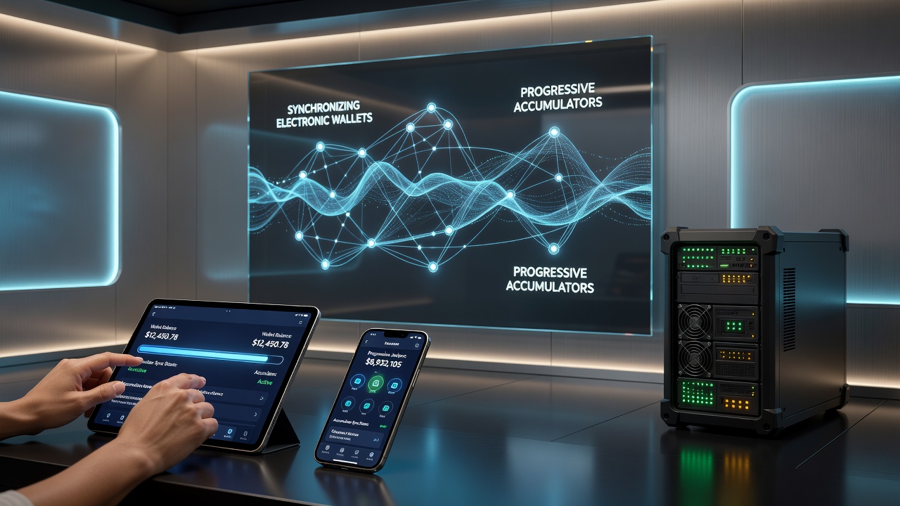 Darstellung von Datenflüssen zwischen Wallets und progressiven Akkumulatoren in Casino-Netzwerken