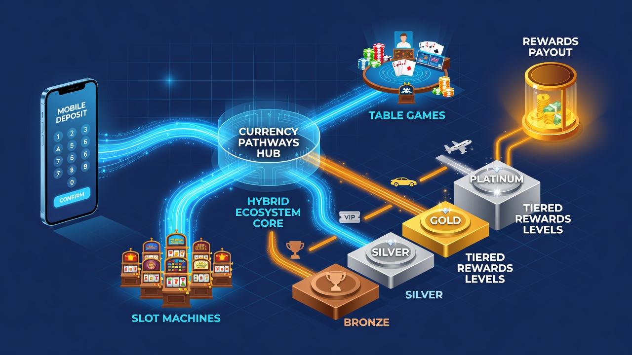 Illustration der Währungsflüsse zwischen mobilen Einzahlungen und hybriden Casino-Belohnungen